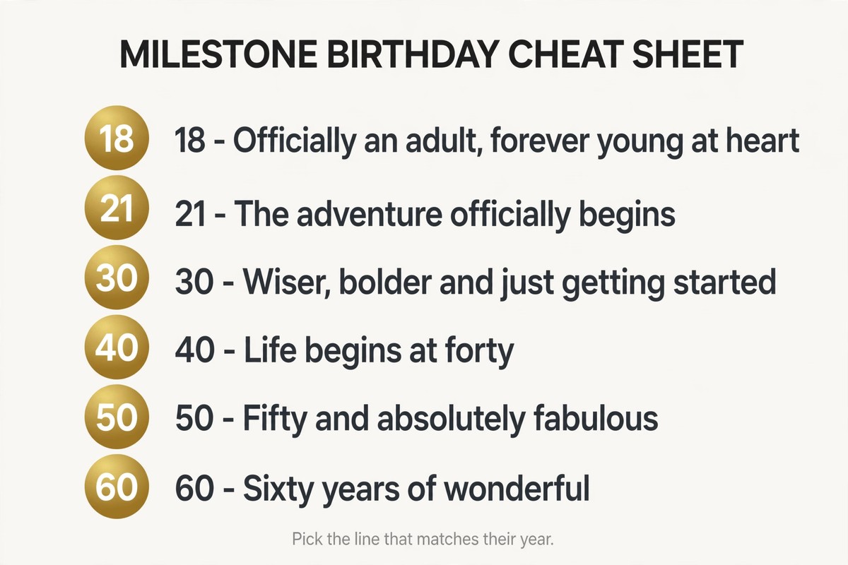 Milestone birthday cheat sheet with one line each for the 18th, 21st, 30th, 40th, 50th and 60th birthdays