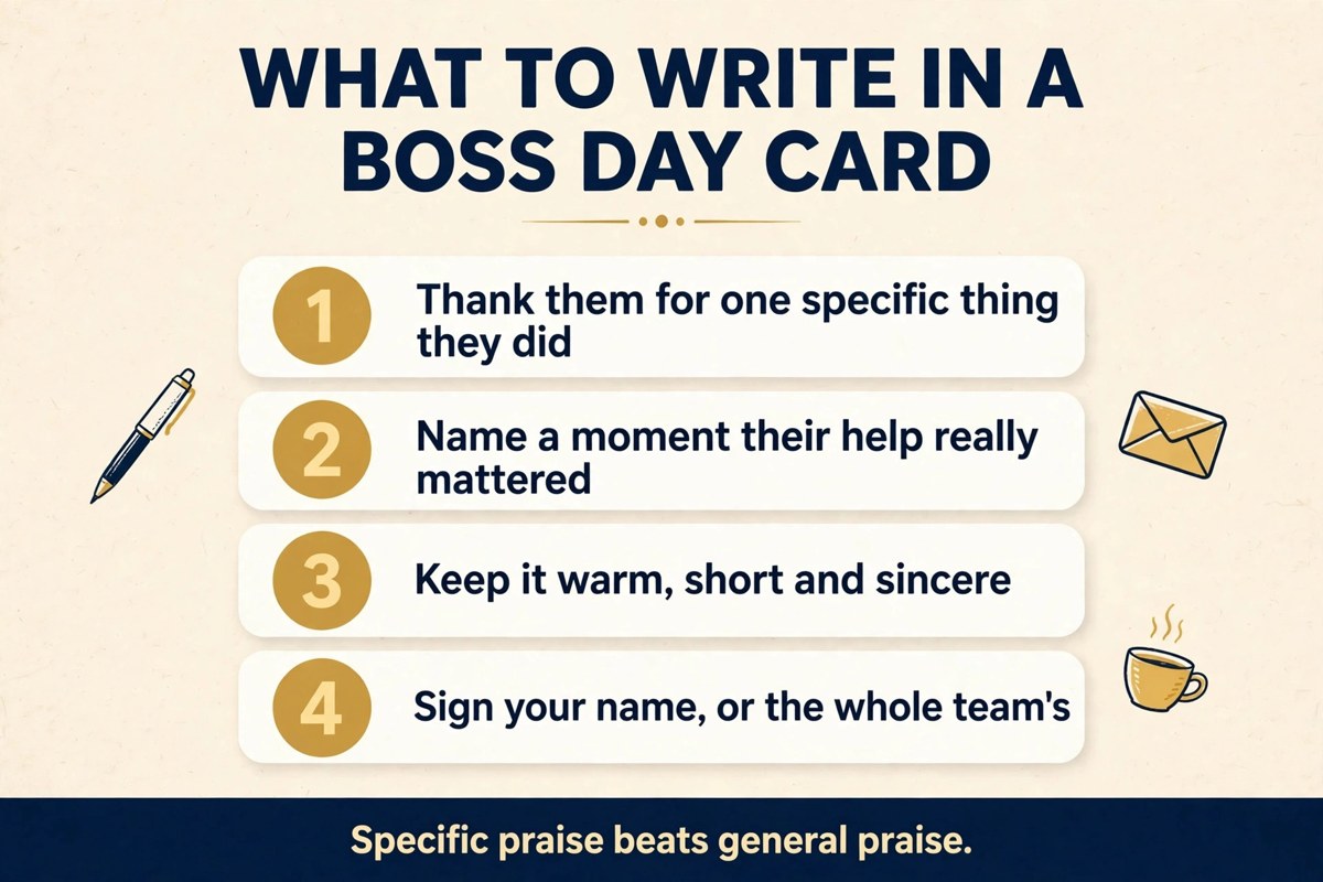 Four-step guide on what to write in a boss day card, from a specific thank-you to signing as a team