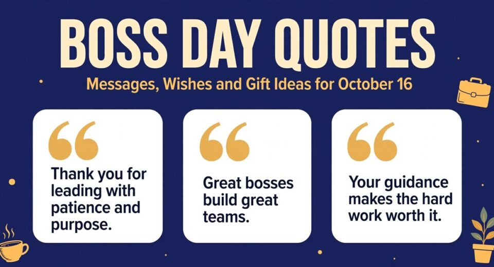 Boss day quotes infographic with three appreciation messages for cards, texts and team celebrations