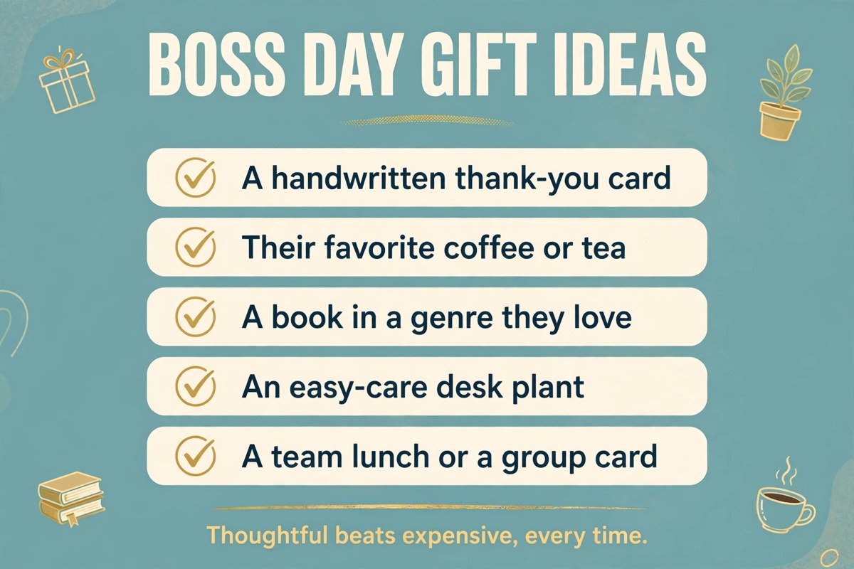 Boss day gift ideas checklist with a handwritten card, coffee, a book, a desk plant and a team lunch
