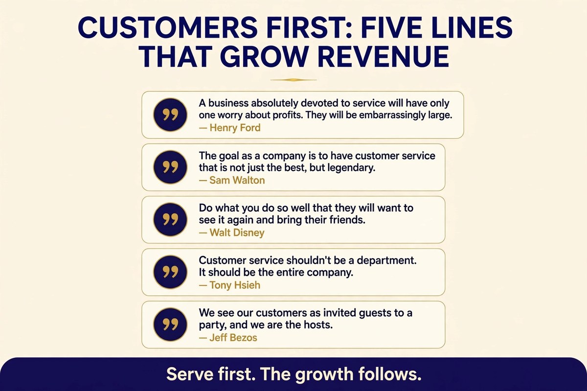 Customers first chart with five customer service quotes from Henry Ford, Sam Walton, Walt Disney, Tony Hsieh and Jeff Bezos