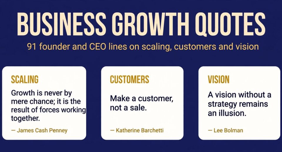 Business growth quotes infographic with founder lines on scaling, customers and vision