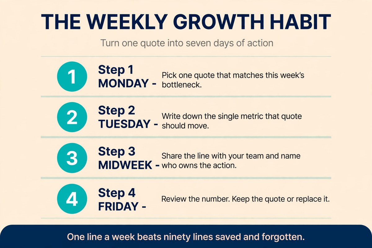 The weekly growth habit infographic with four steps for turning one business growth quote into action