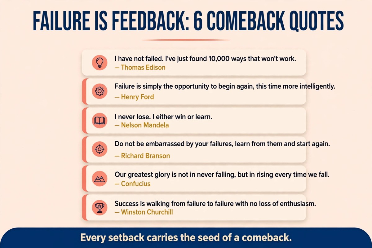 Failure is feedback chart with six comeback quotes from Edison, Ford, Mandela, Branson and Churchill
