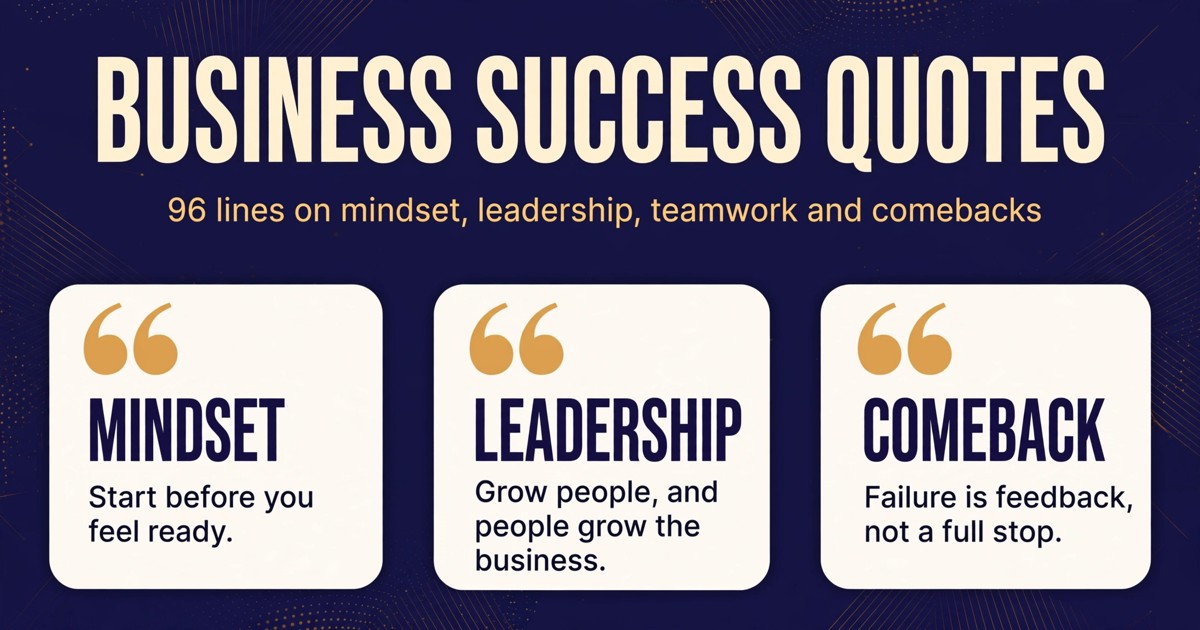 Business success quotes infographic with lines on mindset, leadership, teamwork and comebacks