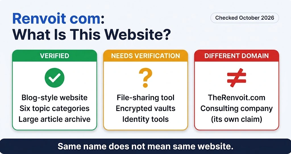 Infographic explaining renvoit com: verified as a blog-style website, file-sharing claims need verification, TheRenvoit.com is a different domain