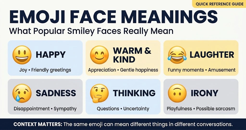 Emoji face meanings infographic showing happy, warm, laughing, sad, thinking, and upside-down smiley faces with their common meanings.