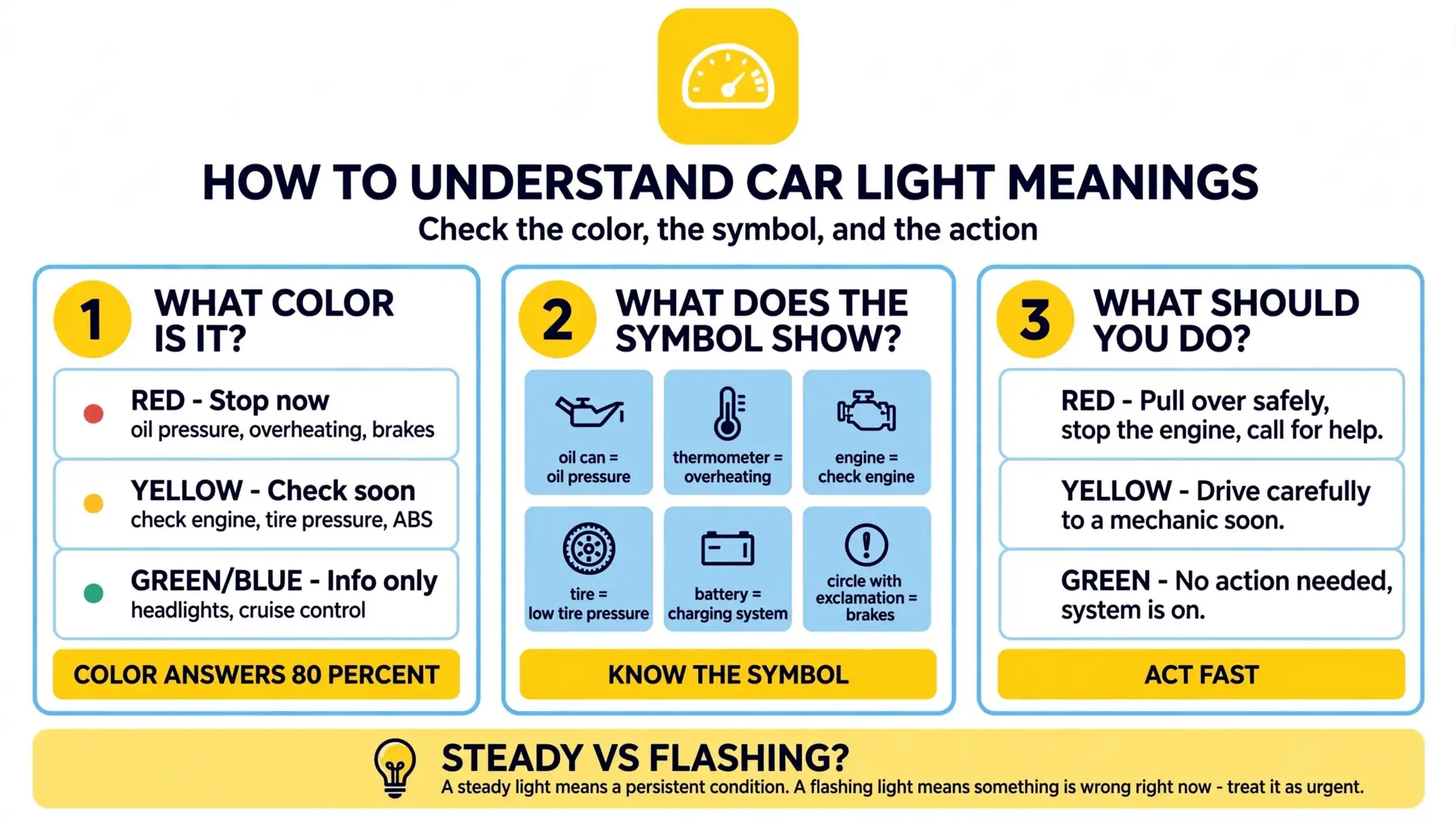Car light meanings infographic: dashboard warning lights explained — red stop, yellow check soon, green information