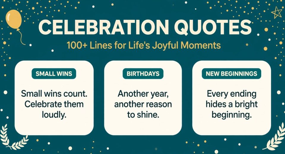 Celebration quotes infographic with lines for small wins, birthdays and new beginnings