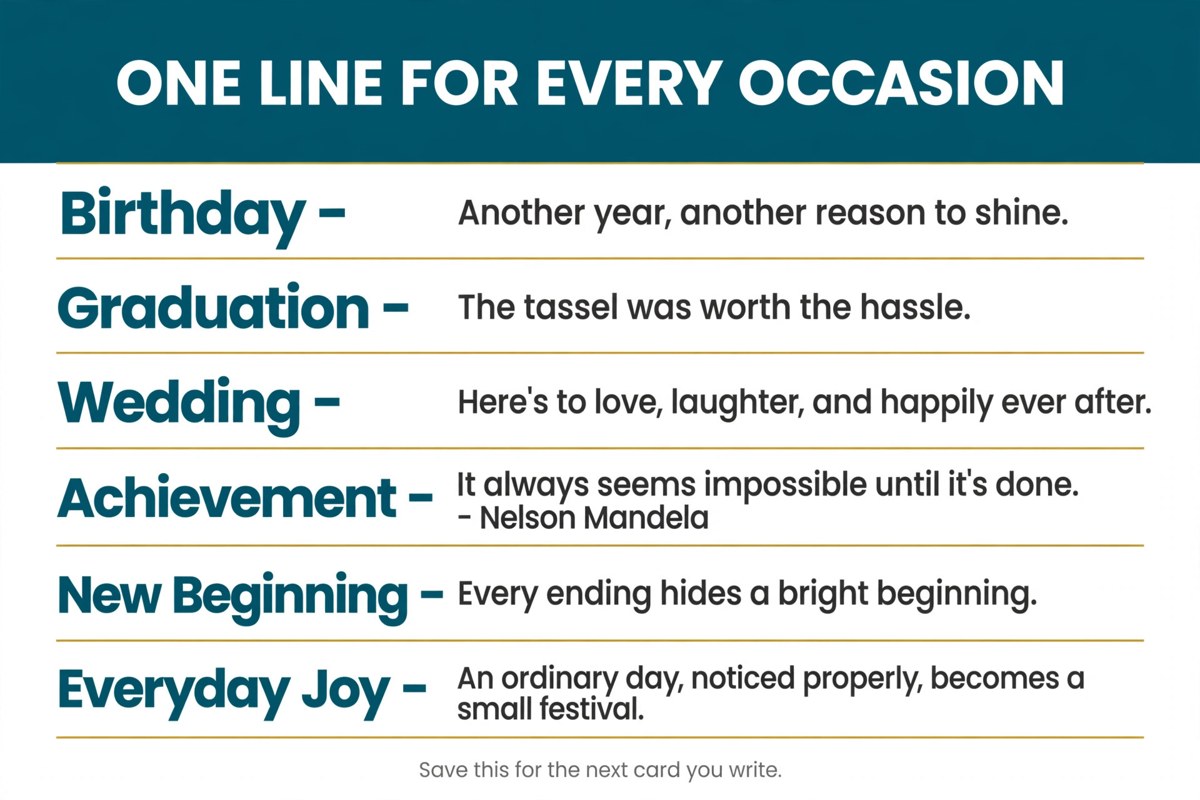 One line for every occasion chart with celebration quotes for birthdays, graduations, weddings and achievements