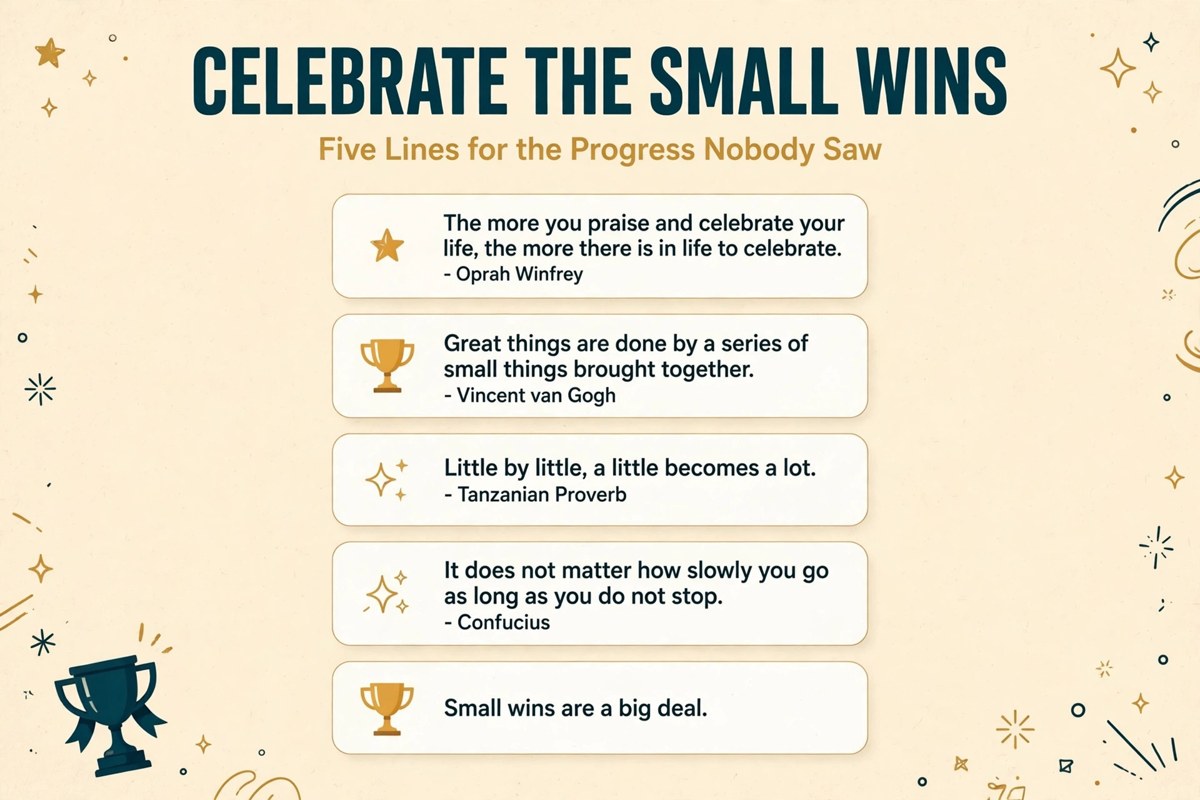 Celebrate the small wins poster with five quotes from Oprah Winfrey, Vincent van Gogh and Confucius