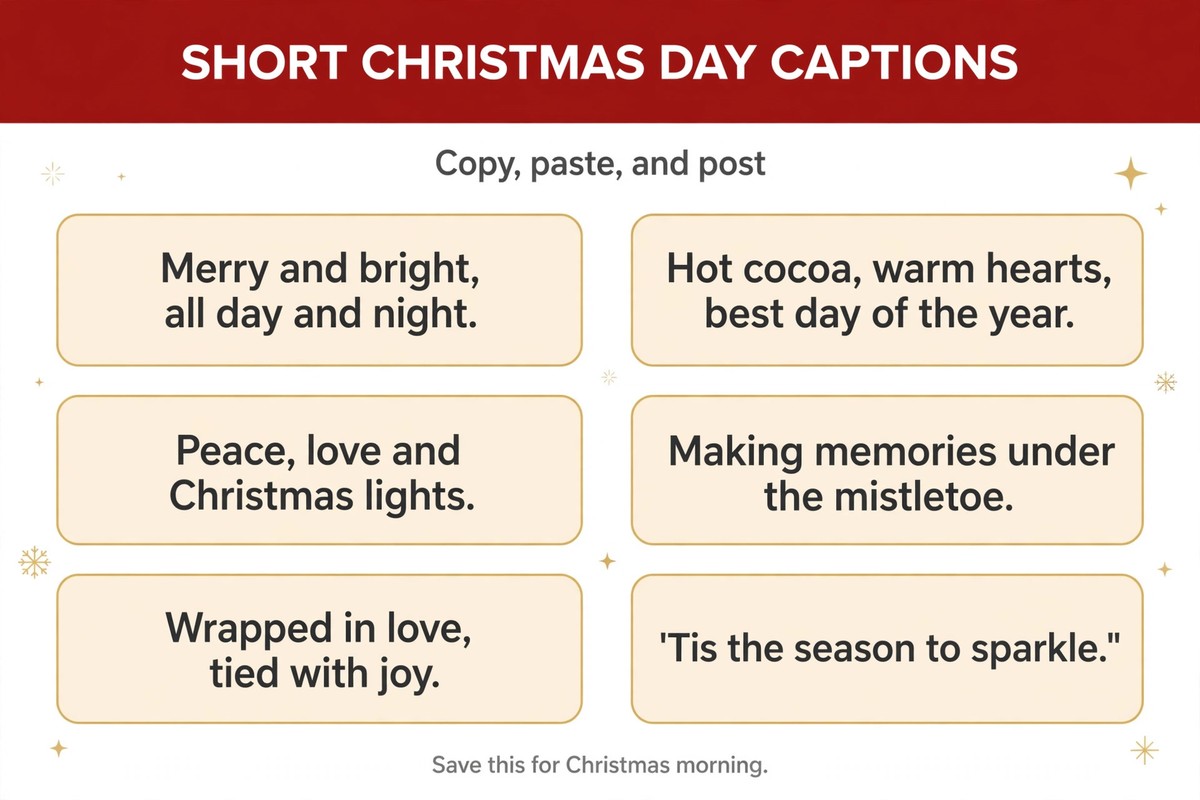 Short christmas day captions list with six copy-and-post lines for Christmas photos and posts