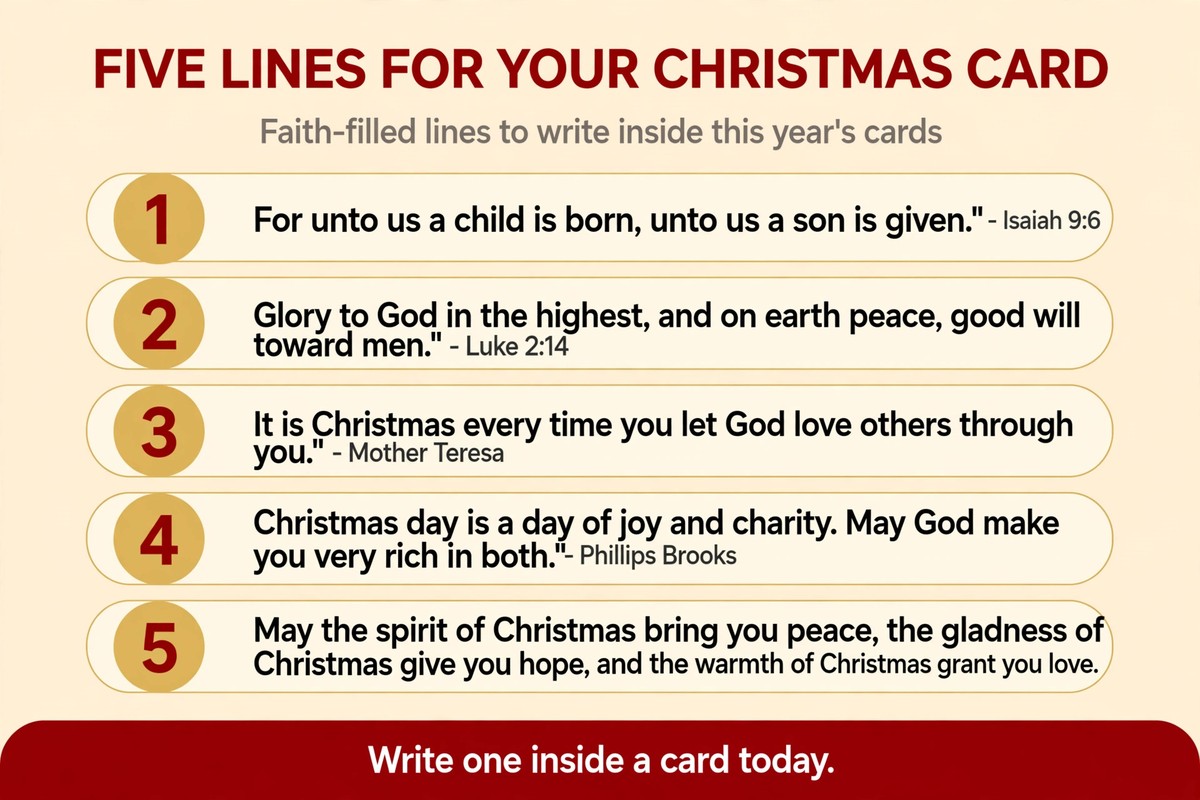 Christmas card lines chart with five faith-filled christmas day quotes from Isaiah, Luke, Mother Teresa and Phillips Brooks