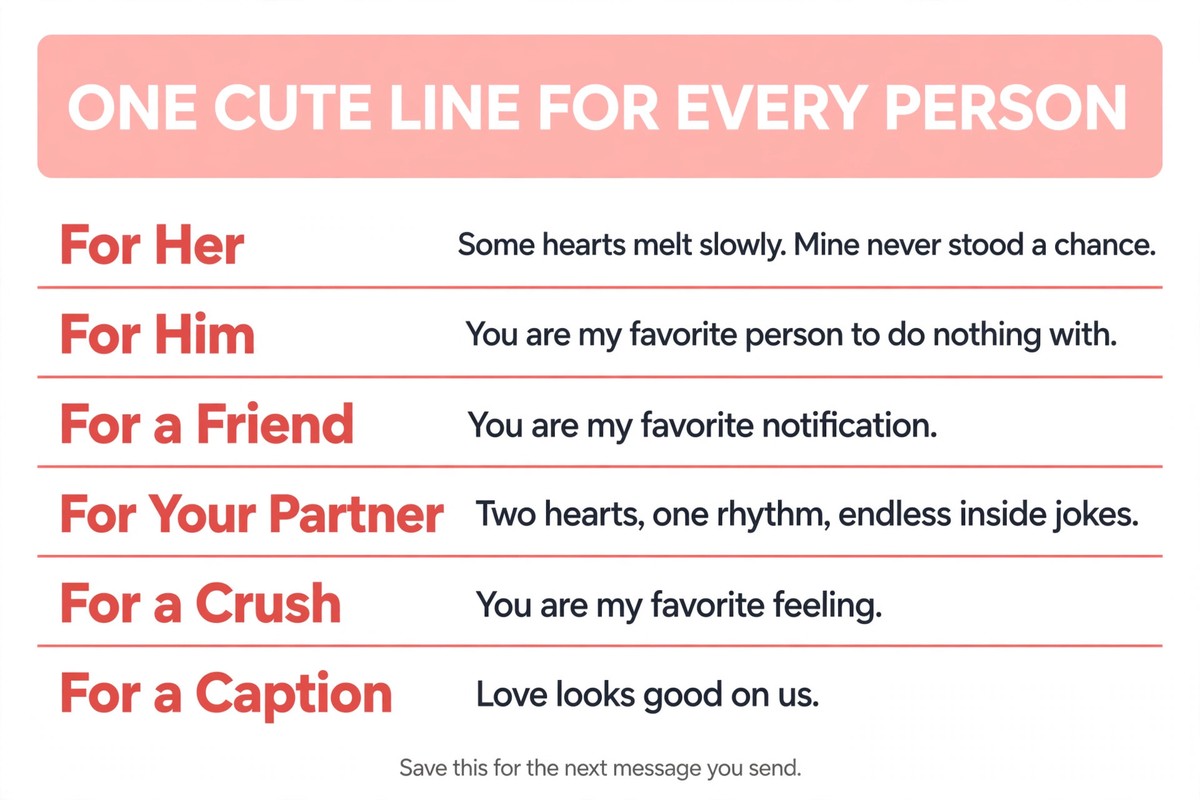 One cute line for every person chart with quotes for her, for him, friends, partners, crushes and captions