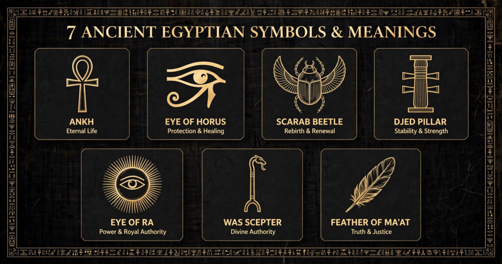 Ancient Egyptian symbols and meanings infographic showing the Ankh, Eye of Horus, scarab, Djed pillar, Eye of Ra, Was scepter and Feather of Ma'at