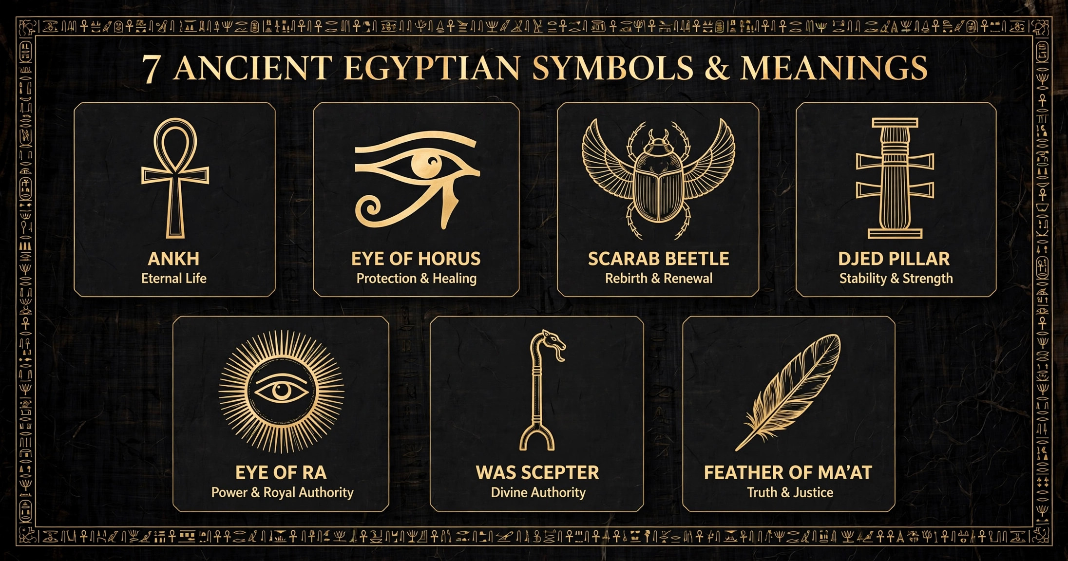 Ancient Egyptian symbols and meanings infographic showing the Ankh, Eye of Horus, scarab, Djed pillar, Eye of Ra, Was scepter and Feather of Ma'at