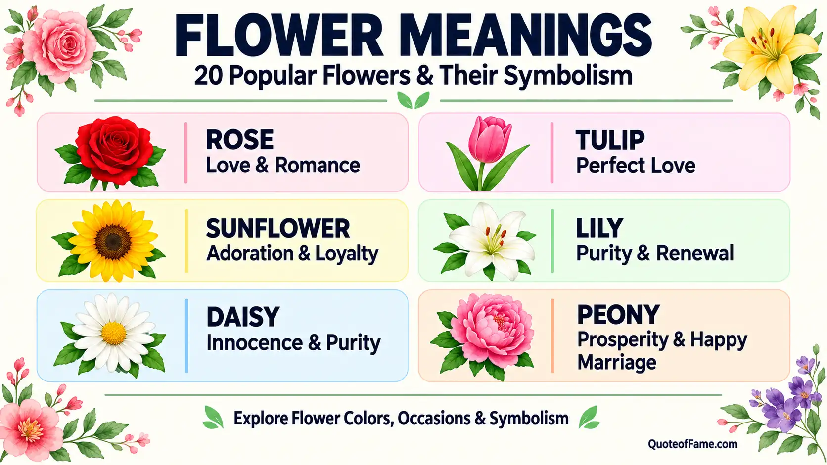 Flower meanings complete list showing rose, sunflower, daisy, tulip, lily and peony symbolism