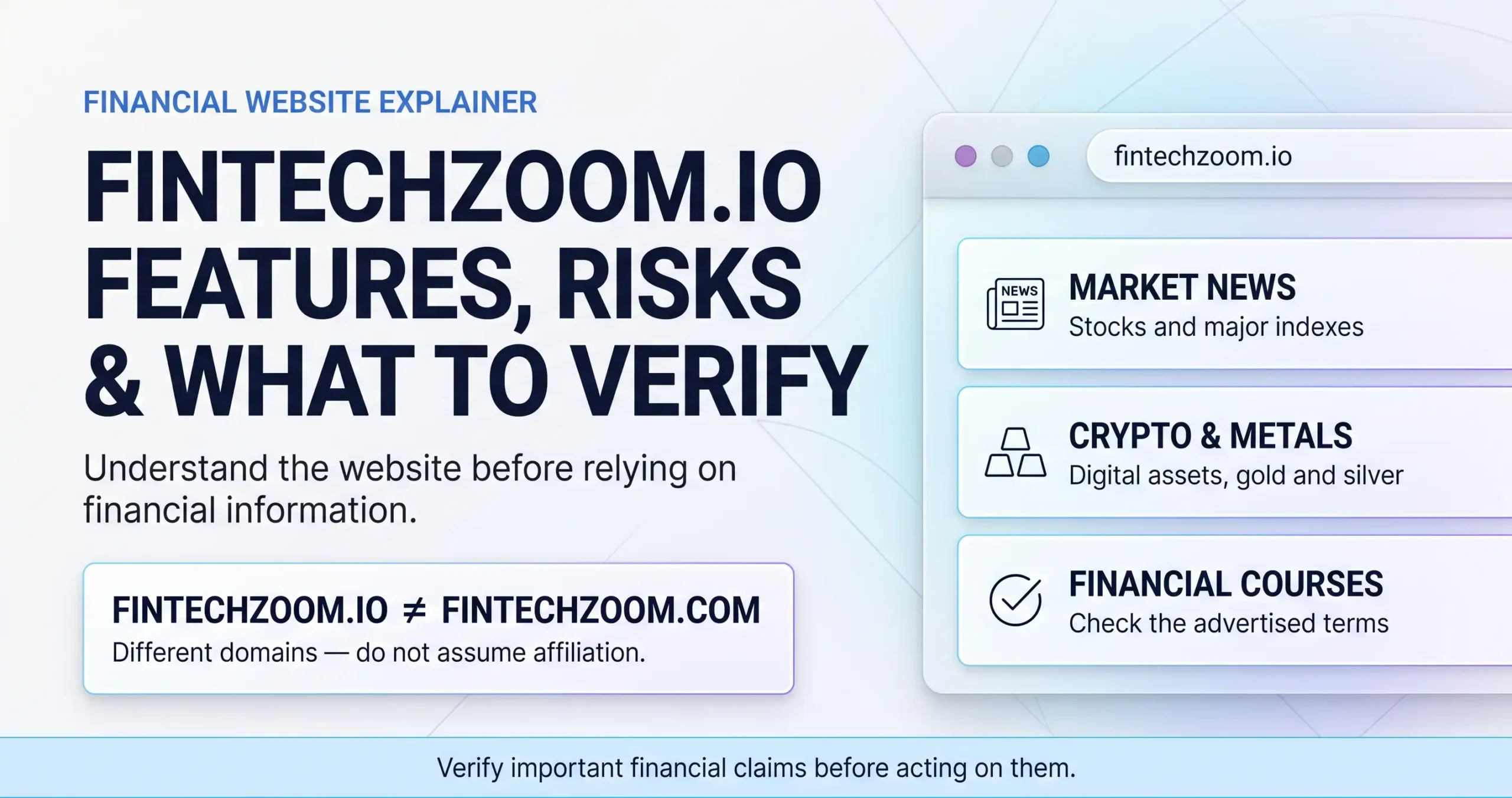 FintechZoom.io infographic showing financial content categories, domain differences, and financial information verification.
