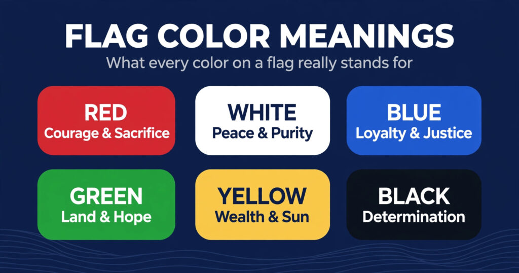 Flag color meanings chart showing what red, white, blue, green, yellow, and black symbolize on national flags