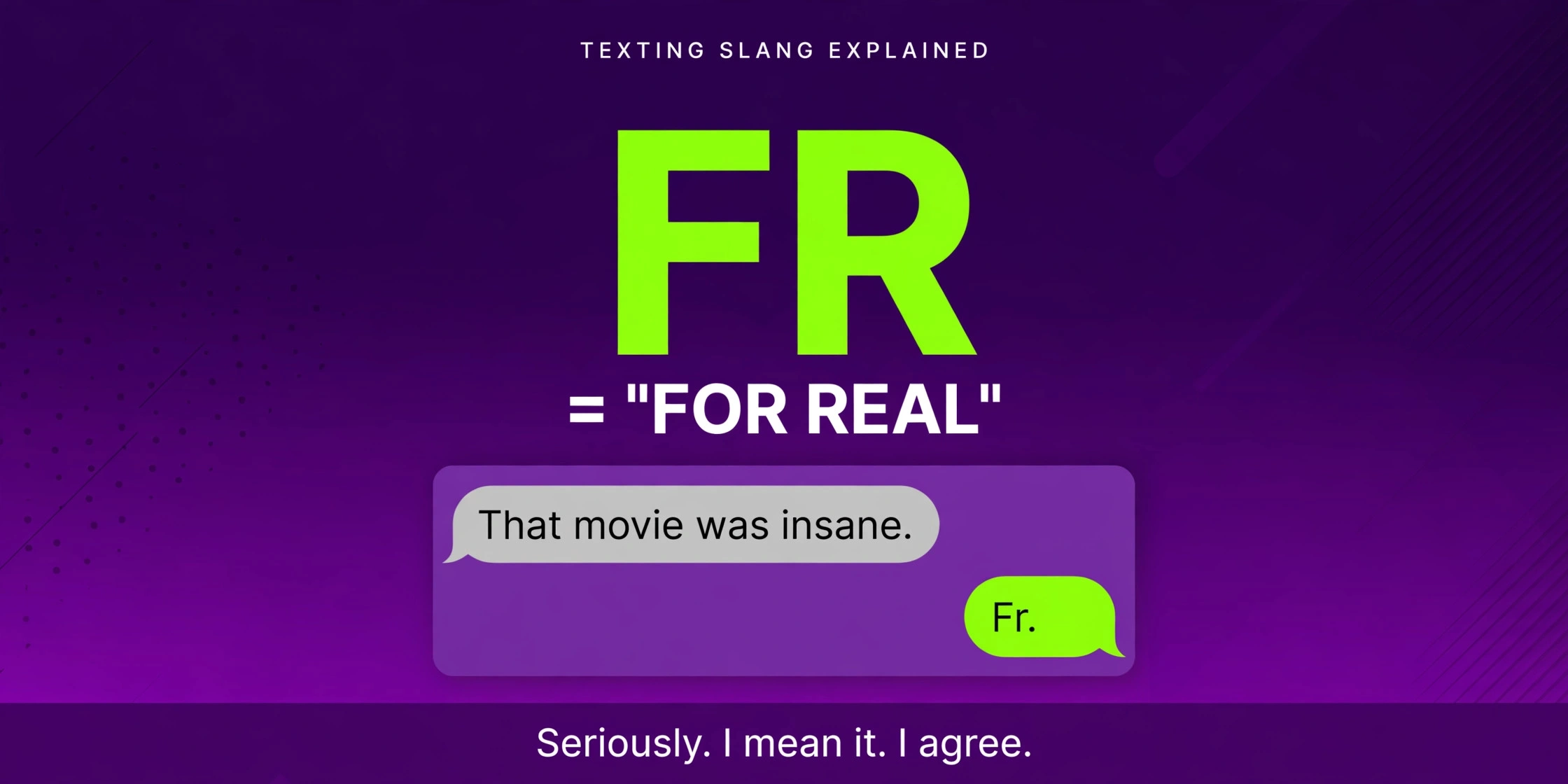 FR meaning text infographic: FR stands for For Real, used to show sincerity, agreement, or emphasis in texting