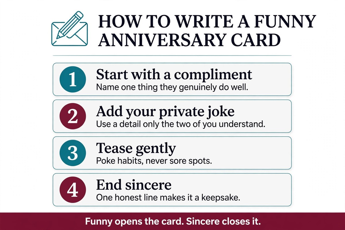Four-step guide on writing a funny anniversary card message that stays sweet
