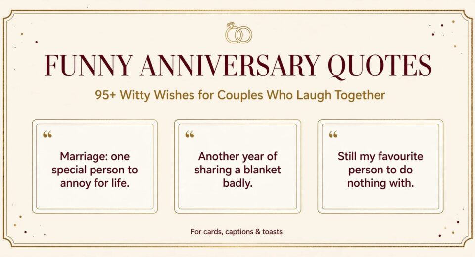 Funny anniversary quotes infographic with witty lines for couples, husbands and wives