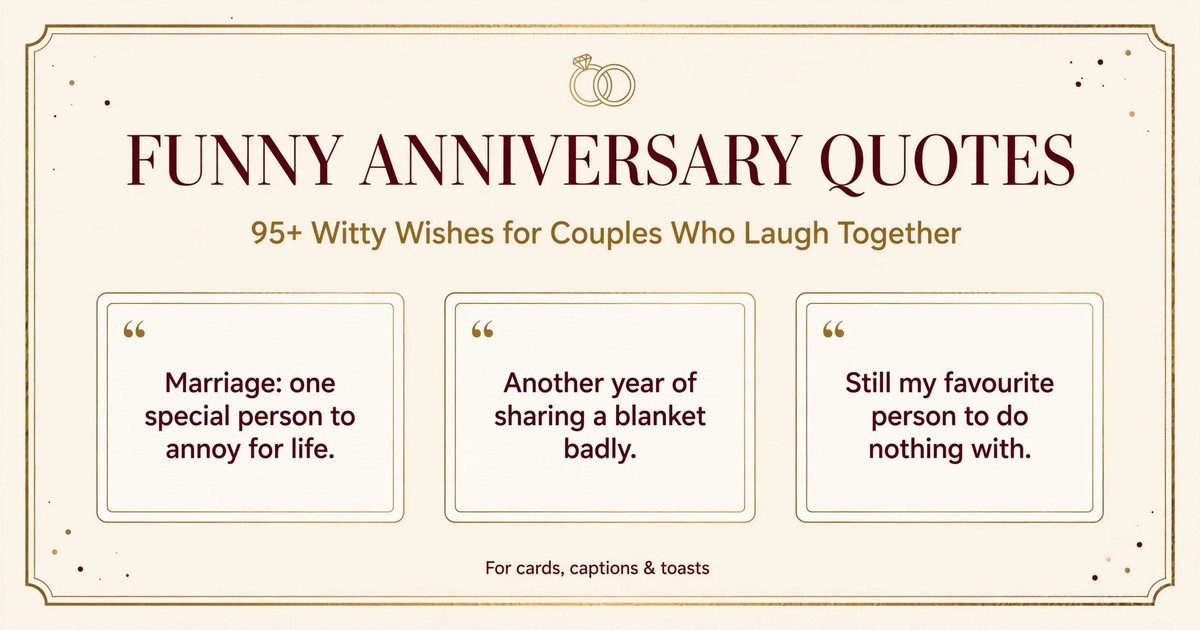 Funny anniversary quotes infographic with witty lines for couples, husbands and wives