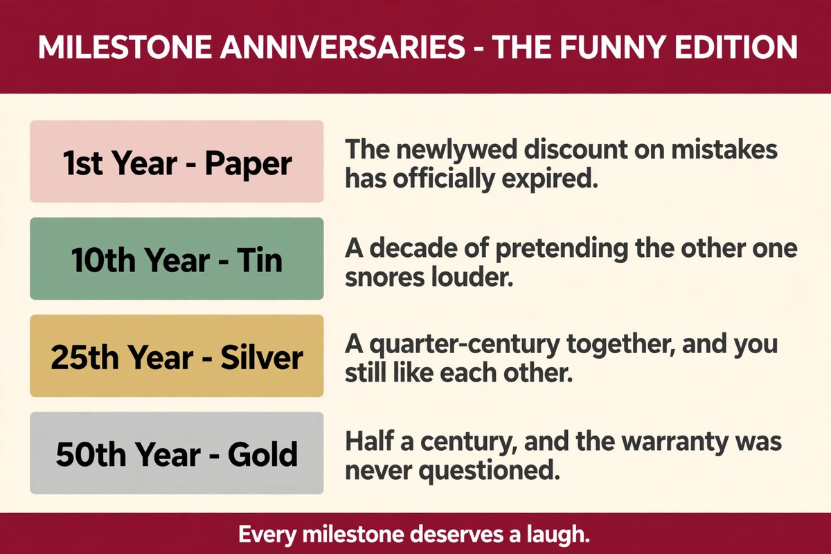 Funny anniversary quotes by milestone year chart for the 1st, 5th, 10th, 25th and 50th anniversaries