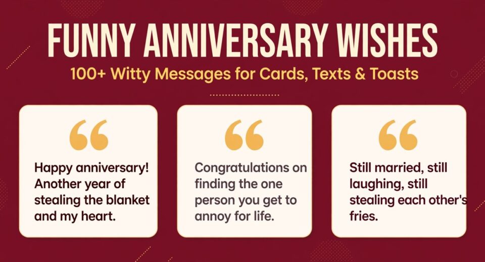 Funny anniversary wishes infographic with three witty messages for cards, texts and toasts