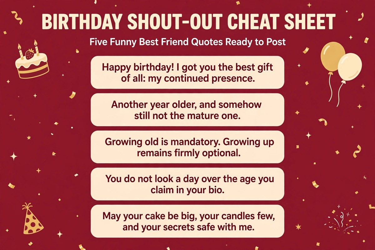 Birthday shout-out cheat sheet with five funny best friend quotes ready to post