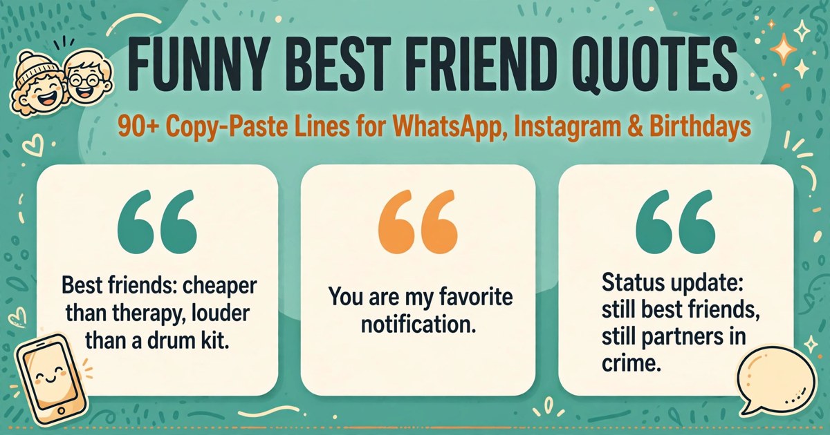 Funny best friend quotes infographic with copy-paste lines for WhatsApp status, Instagram captions and birthday posts