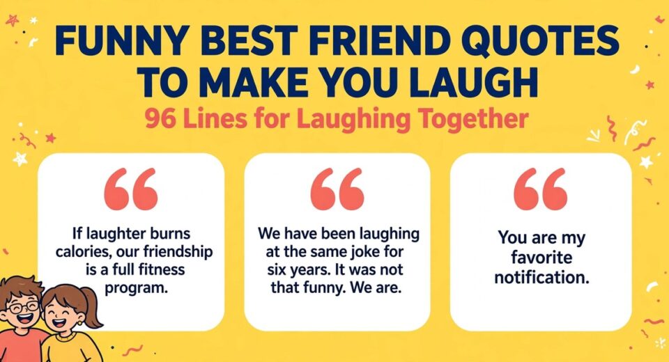 Funny best friend quotes to make you laugh infographic with three laugh-out-loud lines about calories, old jokes and favorite notifications