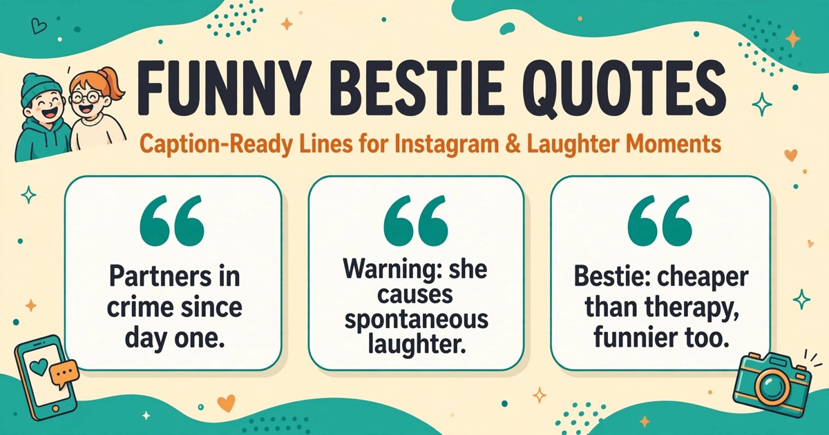 Funny bestie quotes infographic with three caption-ready lines for Instagram and laughter moments
