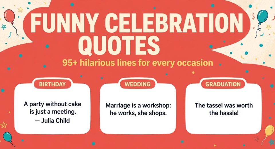 Funny celebration quotes infographic with hilarious lines for birthdays, weddings and graduations