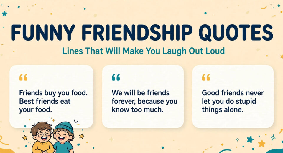 Funny friendship quotes infographic with three laugh-out-loud quotes for best friends
