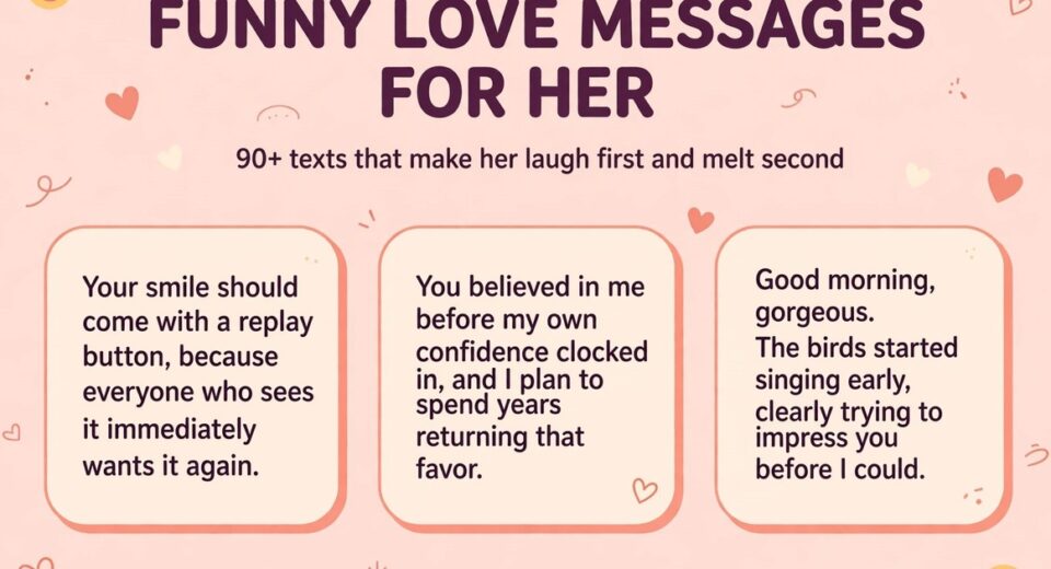 Funny love messages for her infographic with three sweet and funny texts that make her laugh and melt