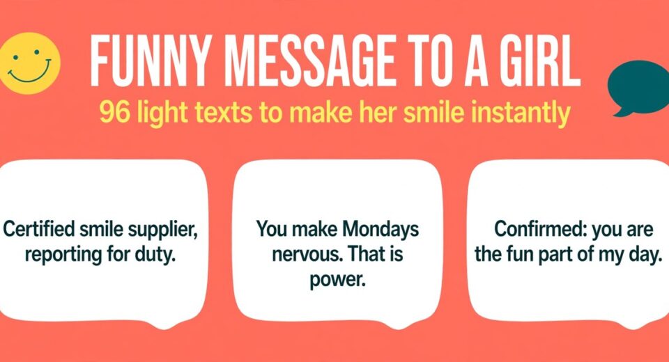 Funny message to girl infographic with three short smile texts for a first message, a compliment and a quick reply