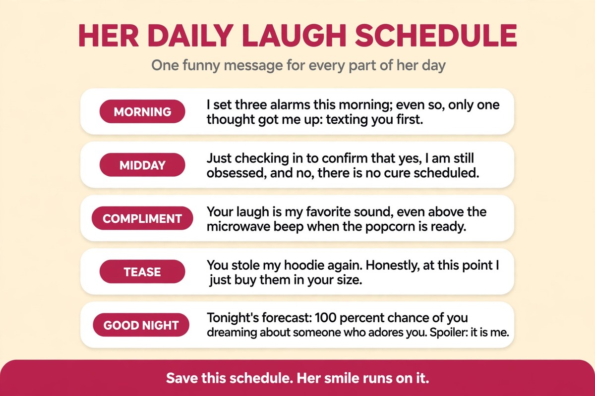 Daily laugh schedule chart with funny messages to send your girlfriend from morning to good night