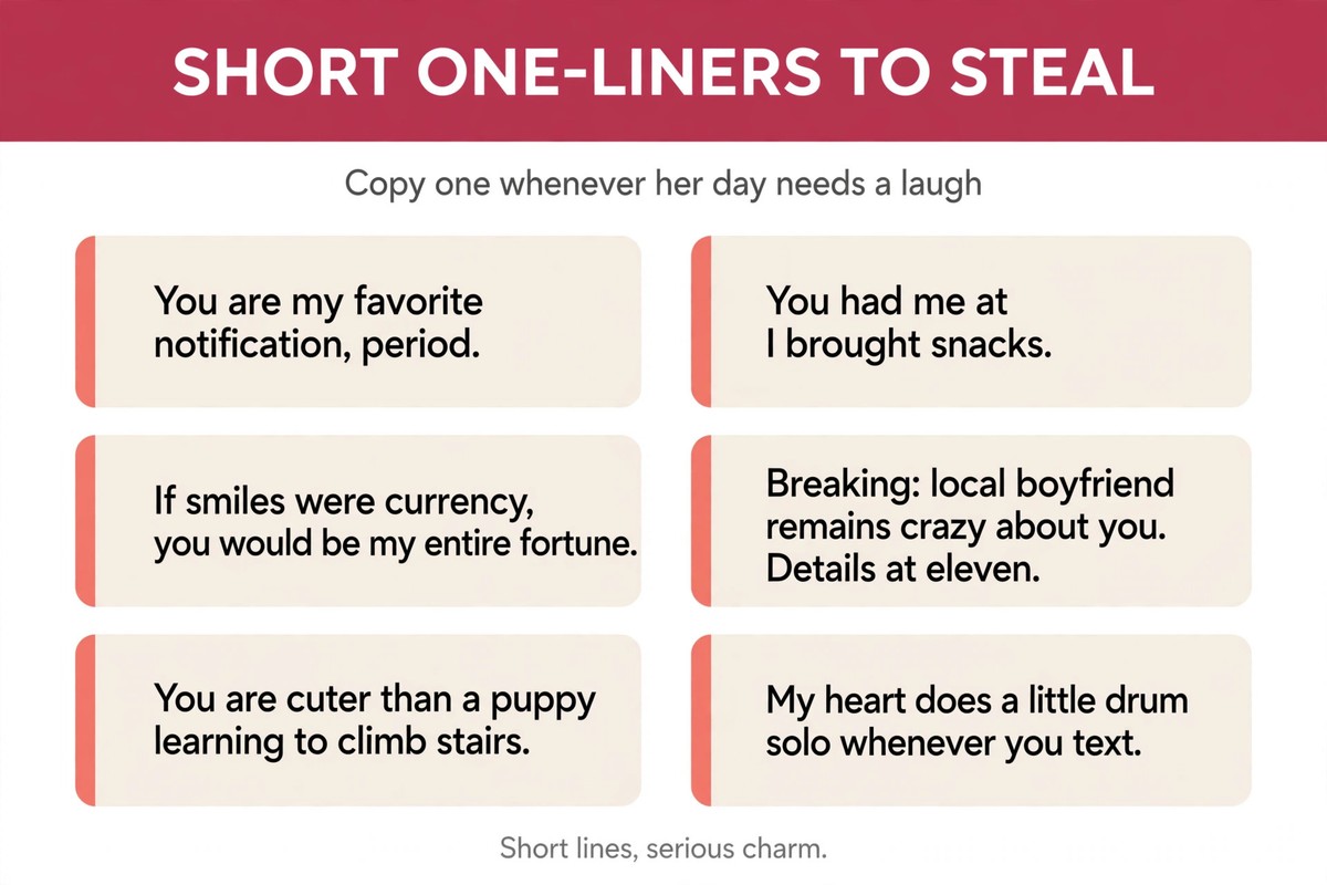 Short funny one liners for girlfriend list with six copy-and-send lines for chats and captions