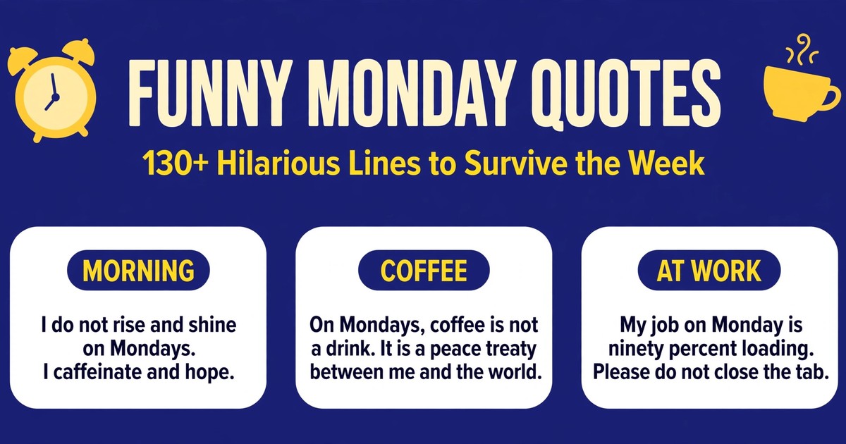 Funny monday quotes infographic with hilarious lines about alarms, coffee and surviving work on Monday