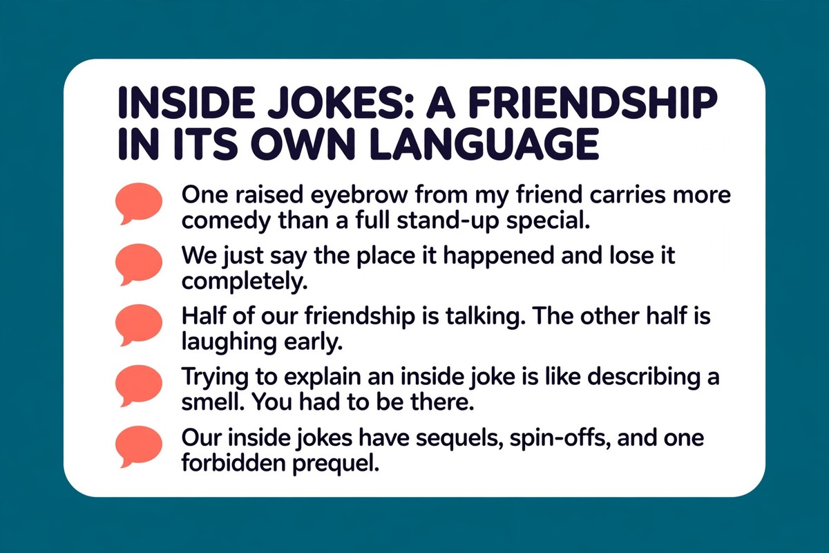 Inside jokes infographic with five funny lines about the secret language of friendship