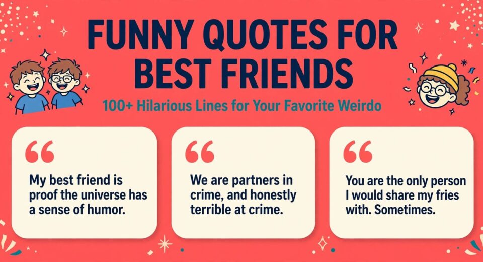 Funny quotes for best friends infographic with three hilarious lines about partners in crime and shared fries