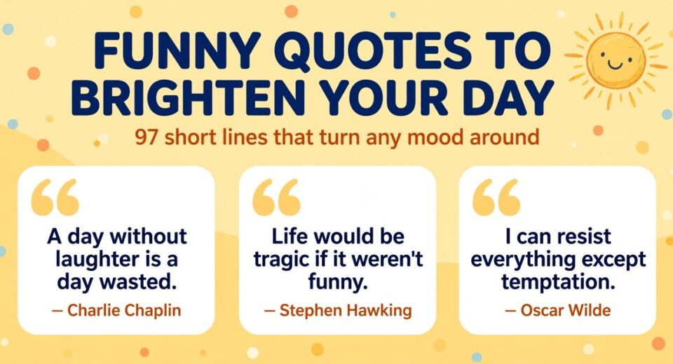 Funny quotes to brighten your day infographic with famous lines from Charlie Chaplin, Stephen Hawking and Oscar Wilde