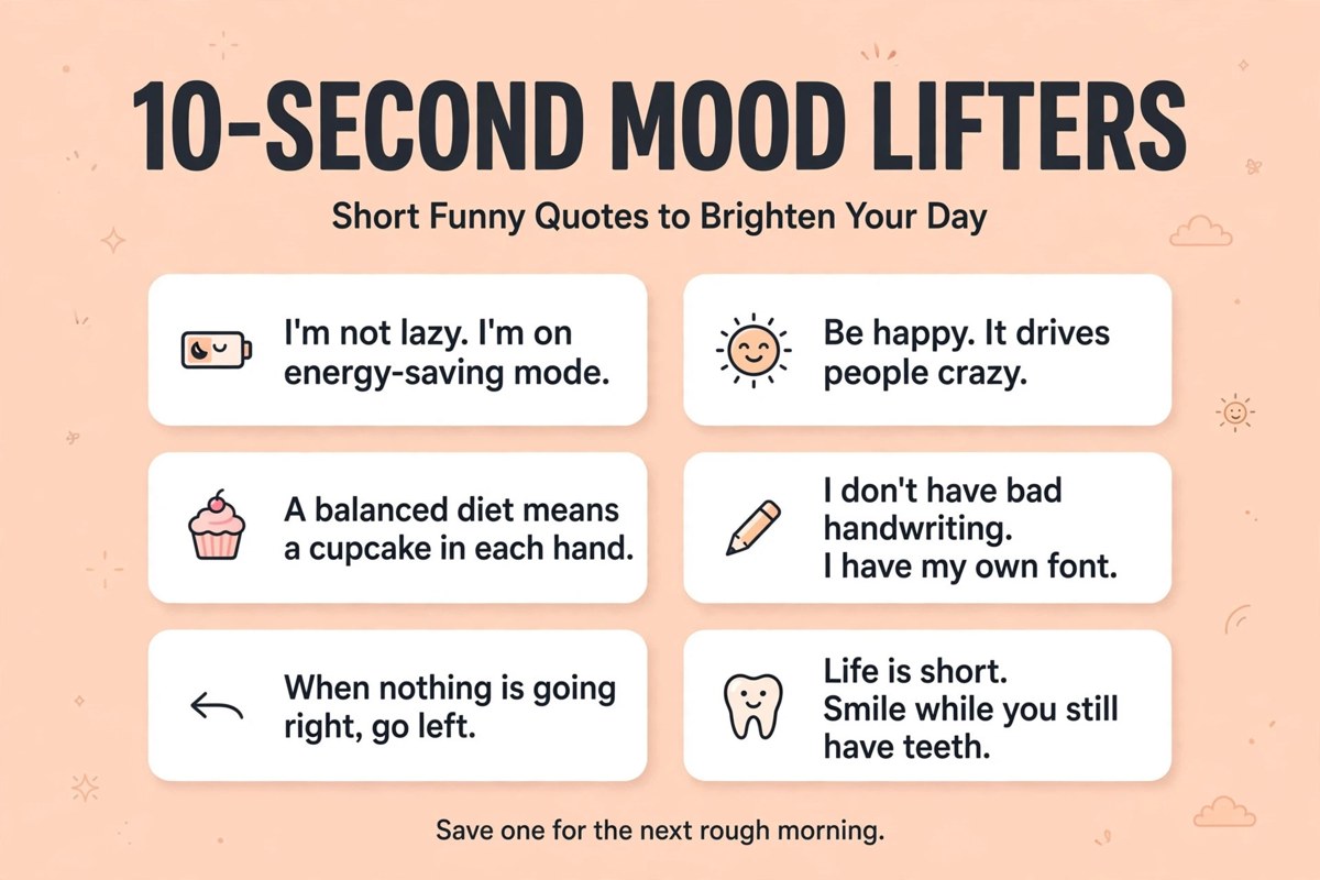Short funny quotes list with six ten-second mood lifters for a rough morning