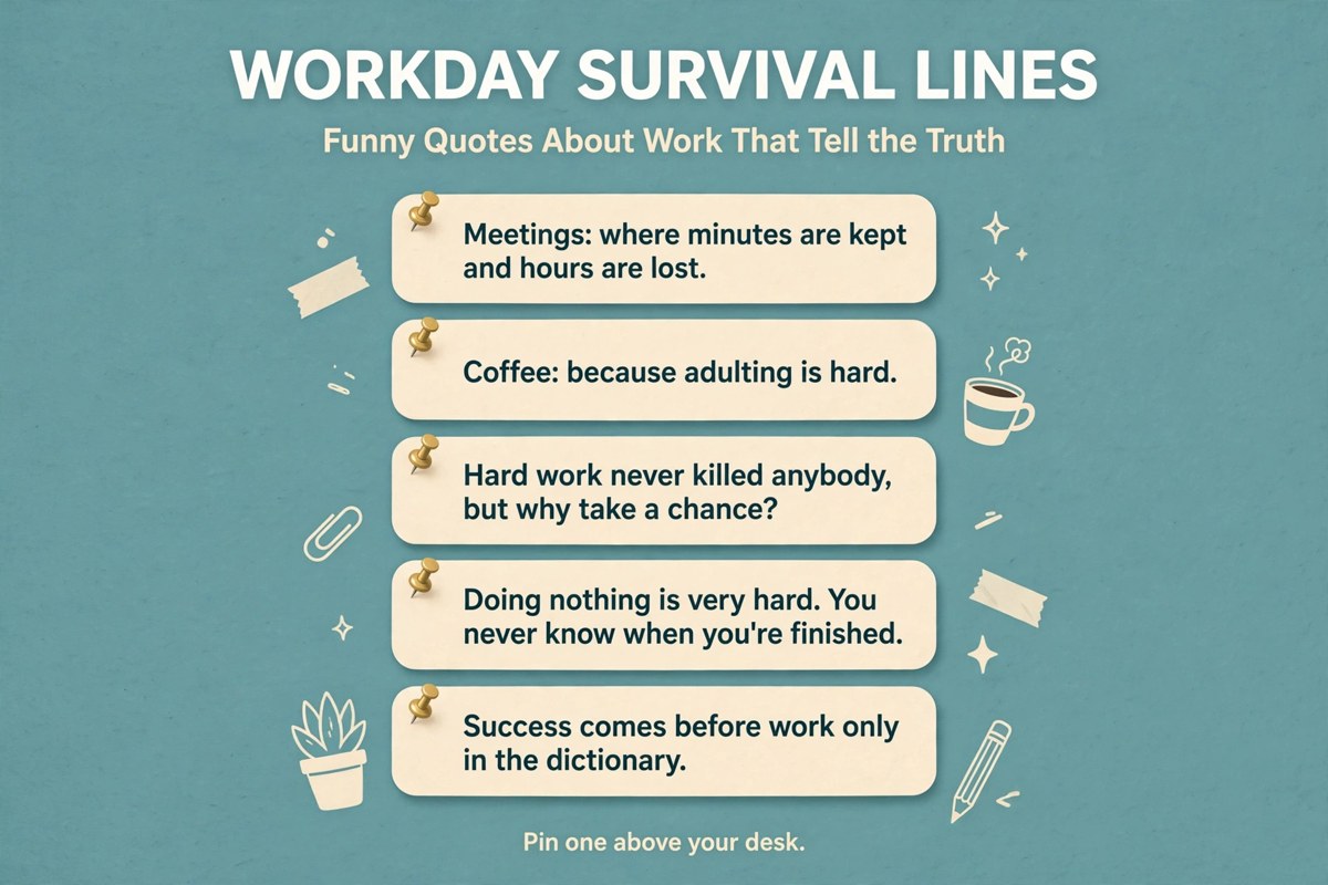 Funny quotes about work chart with five workday survival lines for your desk