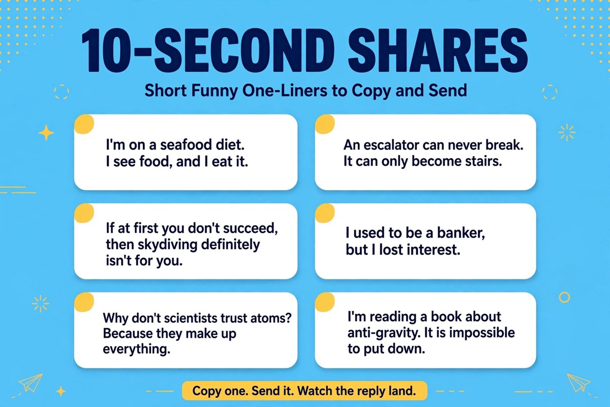 Short funny one-liners list with six copy-and-send lines for chats, captions and status updates
