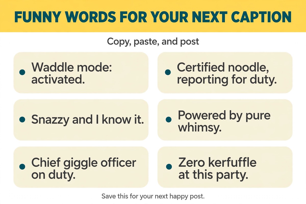 Funny words for captions list with six copy-and-post lines using waddle, noodle, snazzy, whimsy, giggle and kerfuffle
