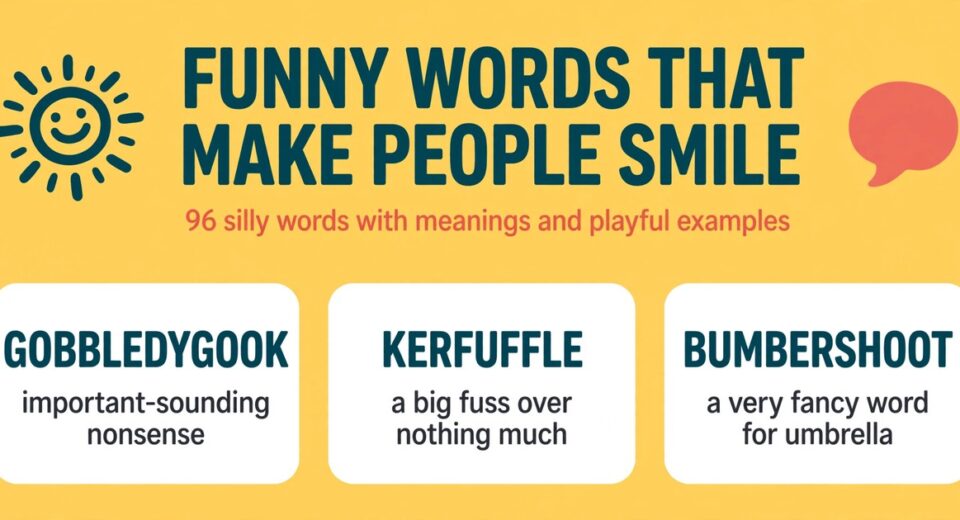 Funny words that make people smile infographic with silly word cards for gobbledygook, kerfuffle and bumbershoot