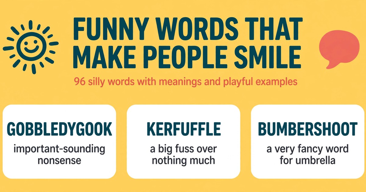 Funny words that make people smile infographic with silly word cards for gobbledygook, kerfuffle and bumbershoot