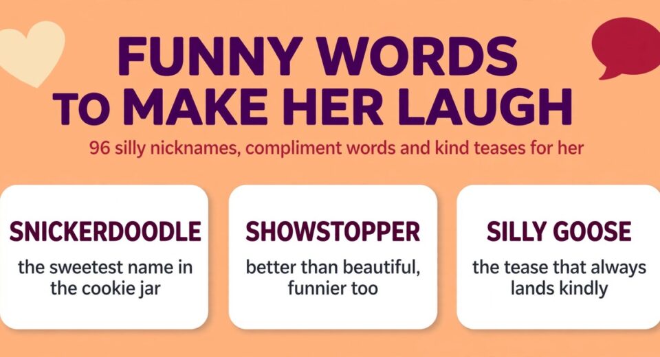 Funny words to make her laugh infographic with word cards for snickerdoodle, showstopper and silly goose